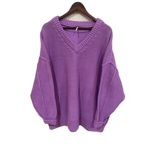 Free People Alli Oversized Chunky V Neck Sweater Sz XL Iris Orchid Purple 2X
